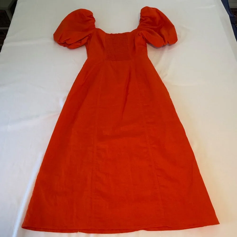 NWOT Banana Republic Orange Linen Blend Puffy Sleeve Side Slit Dress Size 2 - Picture 8 of 14